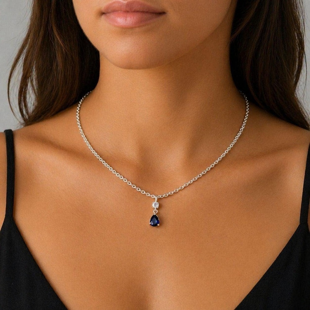 Vintage Sapphire Teardrop Necklace Made with Swarovski Crystal Silver Overlay